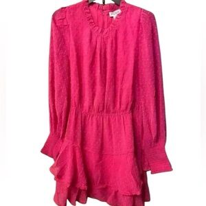 Allison Women's Mini Dress Hot Pink Swiss dot long sleeve ruffles sheer large